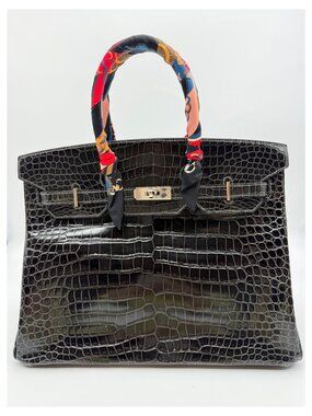 Birkin 35 Sellier Noir Shiny Porosus Crocodile